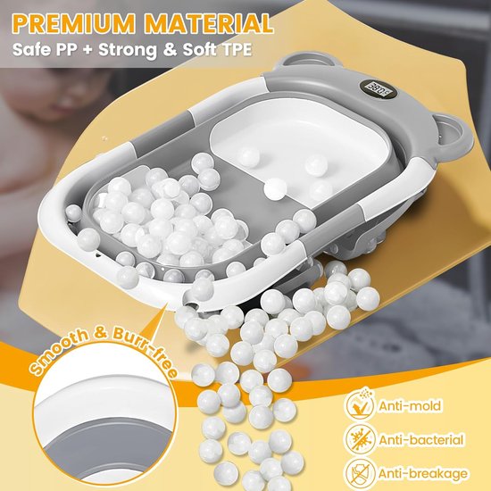 Opvouwbare babybadkuip met thermometer, babybadset voor pasgeborenen met babybadkussen, babybadborstel en douchemuts voor kinderen, kinderbad met afvoergat voor 0-24 maanden, grijs