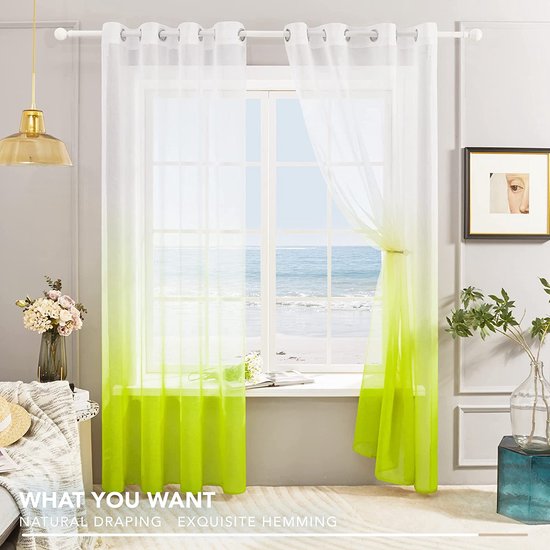 Voile Helder Groen Gordijnen met Ringen 140 x 270 cm(Breedte x Hoogte), Kleurverloop Semi-Clear Transparante Gordijnen voor Woonkamer Slaapkamer Kinderkamer, Set van 2