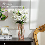 Vaas voor pampasgras, glas, roségoud, vaas, hoge vloervaas met geometrisch metalen frame, knopbloempot, voor Scandinavische decoratie voor bureau, bruiloftsmiddenstuk, 27 cm hoog