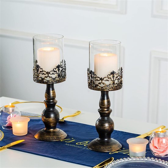 Kandelaar set vintage Distressed Black Hurricane kandelaar 2 stuks, kandelaar voor stompkaars, kaarsenhouder, bruiloftsfeest, huisdecoratie, open haard, mantel, decoratie, 33 cm