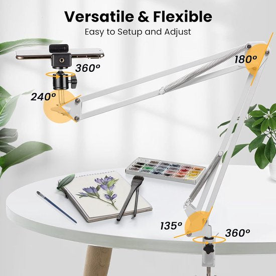 Mobiele telefoon scharnierarmhouder met smartphone-klem en 1/4 inch schroef lange mouwen mobiele telefoon houder scharnierarm Haterung (wit)