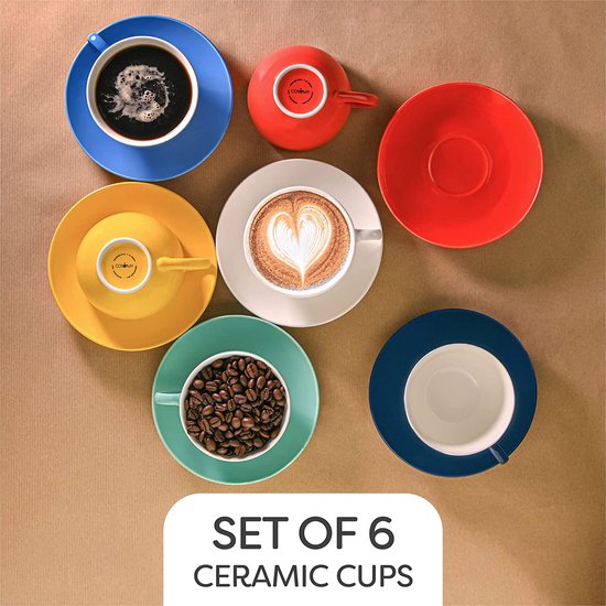 Set van 6 Cappuccino kopjes met schotels - Kleurrijk Keramiek - Geschenkverpakking - Houdt Warm - 180ml