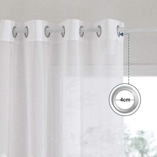 woonkamergordijnen, transparante voile gordijnen met oogjes, set van 2, H 245 x B 132 cm, linnenlook gordijnen met borduursel, wit transparant gordijn met bladmotief