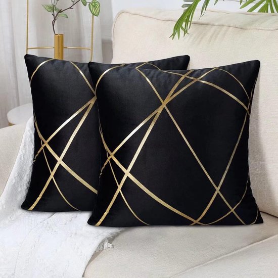 Zwarte fluwelen kussenhoezen, 40 x 40 cm, set van 2, gouden geometrische decoratieve kussenhoezen, bankkussen, bankkussen, decoratieve kussenhoezen, moderne decoratieve kussenhoezen voor slaapkamer, bank.