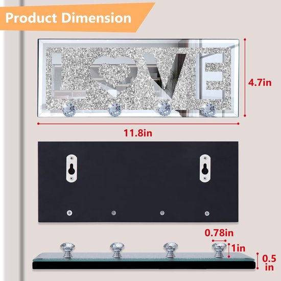 Home Sleutelhouder Zilver met 4 Kristallen Haken, Gespiegelde Sleutelopslag, Sleutelhaak Modern, Sleutelhouder Muur, Wanddecoratie, Hal