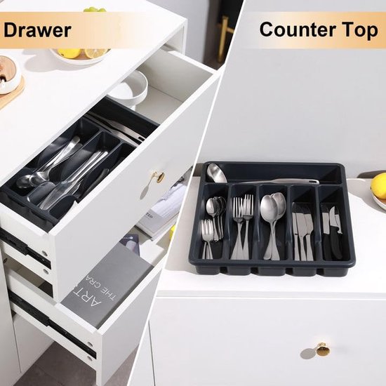 Bestekbak met 6 vakken voor laden, kunststof bestekbak, BPA-vrij en lade-organizer met matte afwerking voor bestek in de keuken, eetkamer, slaapkamer, zwart