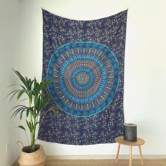 Wandtapijt Mandala - 100% katoen, kleurrijk, Oosterse ontwerpen - Ideaal als wanddoek Mandala, Indiase wandbekleding van stof en wandtapijt Boho - blauw