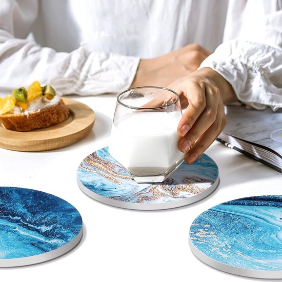 6 Pieces Round Absorbent Ceramic Coasters with Holder, Cork Base, Drink Coasters, Non-Slip Drink Coasters, Marble Theme for Housewarming, Kitchen, Room, Bar, Decoration