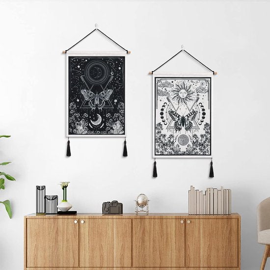 Pack of 2 Small Tapestries with Tassels, Sun and Moon Tapestry Tarot Wall Hanging Butterfly Moth Tapestry Black and White Tapestry for Bedroom Aesthetics (Moon Eclipse)