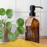 Zeepdispenser 'Sarajevo' - dubbele set douchedispenser van bruin glas fles met siliconen onderzetter en 304 dubbele pompkop in mat zwart (2 stuks van 500 ml)