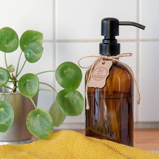 Zeepdispenser 'Sarajevo' - dubbele set douchedispenser van bruin glas fles met siliconen onderzetter en 304 dubbele pompkop in mat zwart (2 stuks van 500 ml)