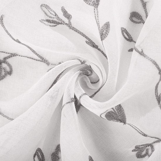set van 2 gordijnen, transparant, bloemenborduurwerk met plooiband, linnenlook, dubbele gordijnen, voile, raamgordijn, decoratiegordijn voor woonkamer en slaapkamer, 140 x 175 cm, grijs