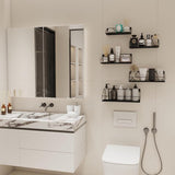 Set van 5 wandplanken, zwevende planken met zwarte metalen staven en zwarte houten plank, rustieke plankenwand voor keuken, badkamer, slaapkamer, woonkamer en kantoor (M-vormig)