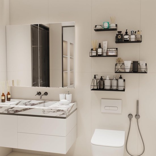 Set van 5 wandplanken, zwevende planken met zwarte metalen staven en zwarte houten plank, rustieke plankenwand voor keuken, badkamer, slaapkamer, woonkamer en kantoor (M-vormig)