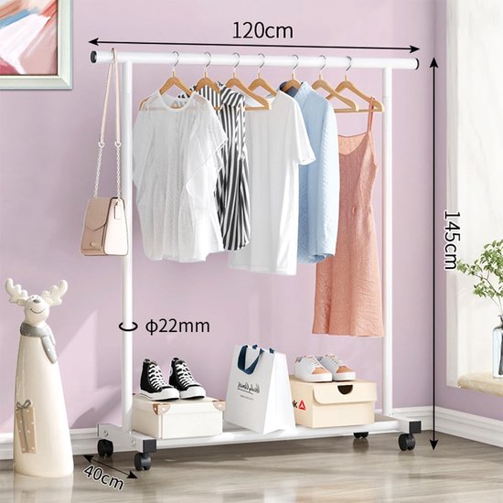 Kledingstang, kledingrek op wieltjes, stabiel kledingrek, de eenpolige 1,2 meter lange kleerhanger (wit)