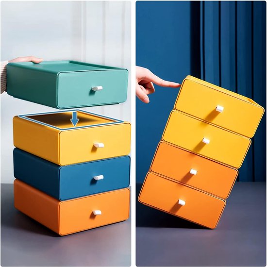 4 stuks stapelbare ladedozen, opbergdoos met laden, cosmetica-organizer, ladebox, make-up-organizer, desktop-opbergbox voor bureaus, kaptafels, kantoren, badkamers