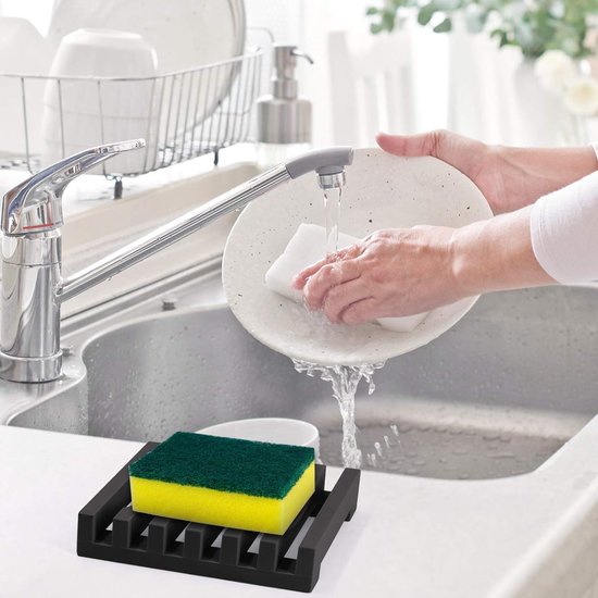 Set van 2 lange siliconen zeepbakjes, droogdesign zeepbakje, met zelflozende afvoer zeepbakje, voor keuken, doucheruimte, badkamer (zwart)