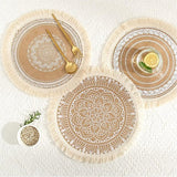 Set van 4 ronde placemats, Mandala Boho placemats met kwast, rustieke jute placemats voor eetkamer, keuken, tafeldecoratie (4 stuks, A)