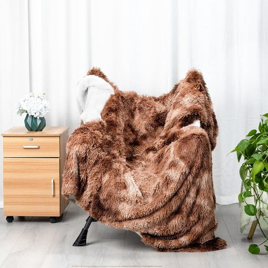 Kunstbont deken – stropdaskleuring in kaki Sherpa schapendeken – comfort luxe pluizige knuffeldeken – zachte deken voor bank en bed - 130 cm x 160 cm