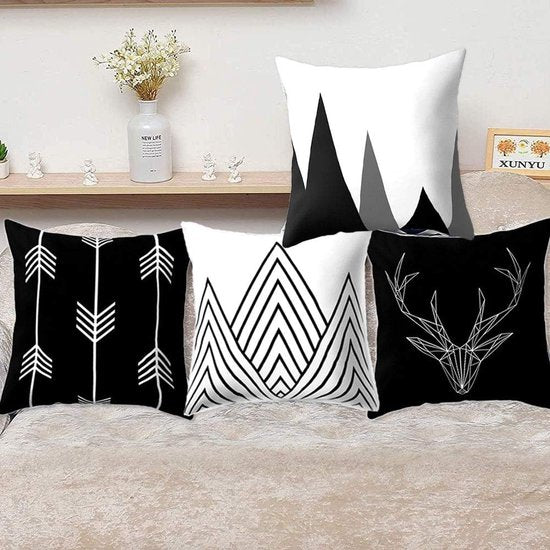 Kussenhoezen, 4 stuks, 45 x 45 cm, geometrisch zwart-wit, kussensloop met geometrisch patroon, decoratieve kussensloop, voor bank, slaapkamer, woonkamer, wooncultuur