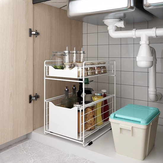 2 Tier Onder Sink Lade Organizer Schuifkast Uitschuifbare Mand Kruidenrek Snack Organizer voor Keuken Badkamer Slaapkamer Teller Pantry Kantoor Wit