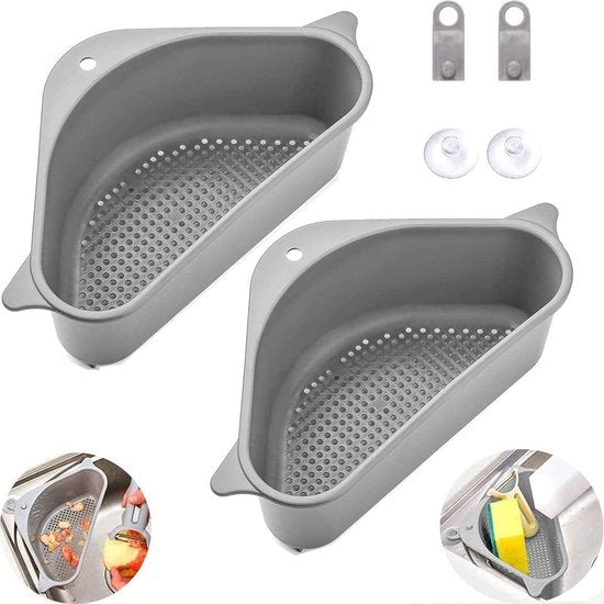 Sink Organiser, Pack of 2 Sink Filter Tray Sink Drain Shelf Triangular Sink Strainer Basket Soap Box Organiser, Drain Basket Storage Rack for Vegetables/Fruit Kitchen Strainer Tea Strainer