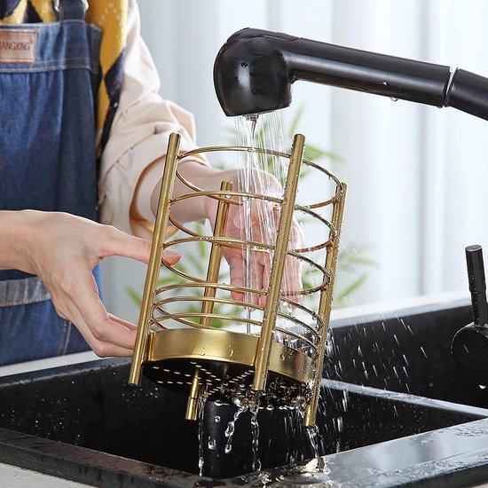 Keukengereihouder voor aanrecht, roestvrijstalen gebruiksvoorwerpen, gouden titanium coating gebruiksvoorwerpopslagcaddy organisator, kookgereihouder, eenvoudige reiniging (goud / 7,4 x 5,2 inch)