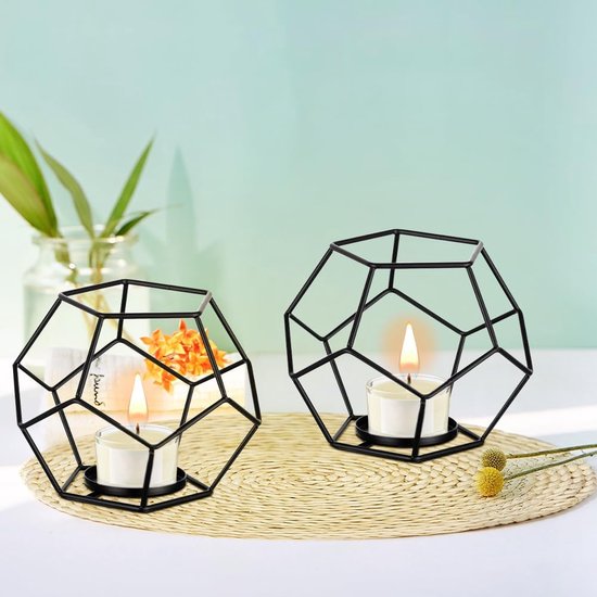 Theelichthouder Kaarshouder Metaal Zwart, 2 stuks Geometrische Theelichtjes Kaarshouder Zwarte Theelichtkaarshouder Lantaarn Moderne Decoratie voor Tafeldecoratie Feest Bruiloft Woonkamer