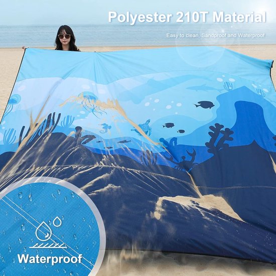 Stranddeken, zandvrij XXL-strandlaken, waterdichte strandmat, picknickdeken, groot voor vakantie, strand, camping, reizen (300 x 290 cm, Sea World)