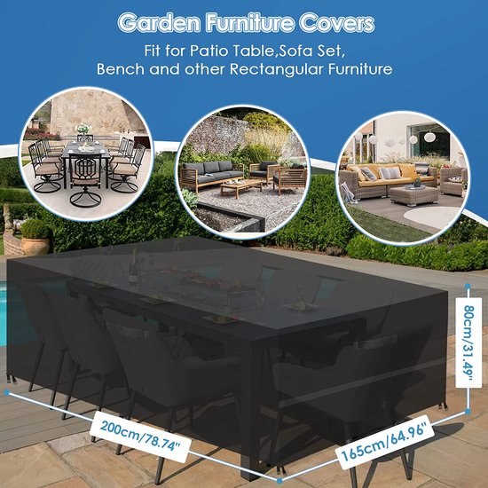 GARPROVM Afdekking voor tuinmeubelen, beschermhoes, voor tuinmeubelen, waterdicht, winddicht, anti-uv, stofdicht, Oxford-weefsel, voor outdoor, bank, tafel, meubelsets, 200 x 165 x 80 cm