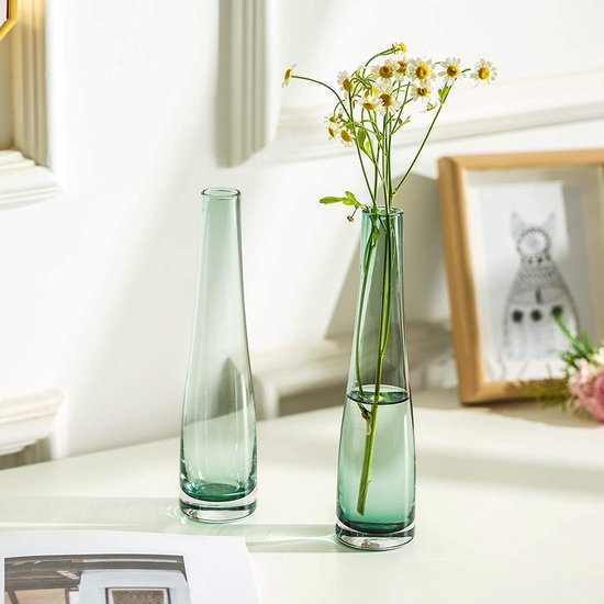 Kleine glazen vaas voor bloemen, 2 stuks groene eenvoudige knop vaas lange dunne smalle nek vazen voor thuis woonkamer kantoor indoor decor bruiloft tafel desktop centrepieces