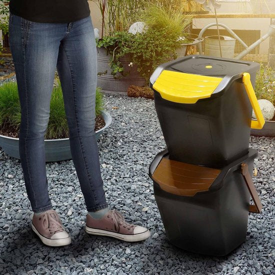 KADAX - Recycling-emmer, 25 liter afvalemmer/prullenbak met deksel - afvalemmerset voor gemakkelijke afvalscheiding, afvalverzamelaar, afvalscheider voor biologisch afval, papier, glas - 2x25L