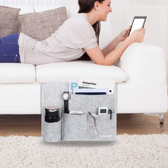 Bedorganizer, nachtkastje organizer, vilten bedplank organizer met flessenhouder voor boek, tijdschriften, iPad, mobiele telefoon, afstandsbediening - lichtgrijs