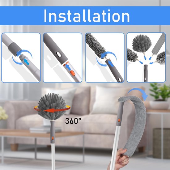Telescopische wasbare plumeau, microvezelstofdoek met aluminium telescoopsteel 230 cm, microvezelstofdoek hoekbezem voor het reinigen van plafonds, spinnenwebben, kroonluchters, gaten