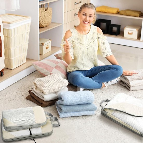 Kofferorganizerset, 4-delig, Packing Cubes, waterdichte reis-kledingtassen, paktassen voor koffer, verpakkingskubus met make-uptas, schoenentas (beige)