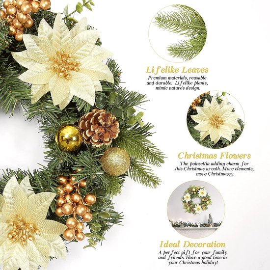 40CM kunstmatige kerstdeurkrans, kerstslinger met kerstballen, kerstbloemen, bessen en dennenappels voor voordeur, open haard en wanddecoratie - goudkleurig