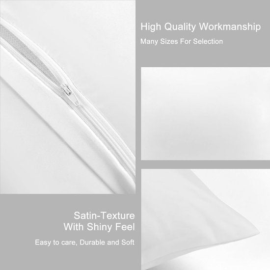 Set van 2 satijnen kussenslopen 80 x 80 cm, premium hoofdkussenslopen, zacht, vergelijkbaar met zijden kussensloop, haar- en huidverzorging, zijdeachtig, met ritssluiting, wit