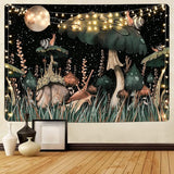 Paddestoel wandtapijt zwart bos slak wandbehang maan sterren planten wanddoek muurkunst wandtapijt voor slaapkamer woonkamer 150x150cm
