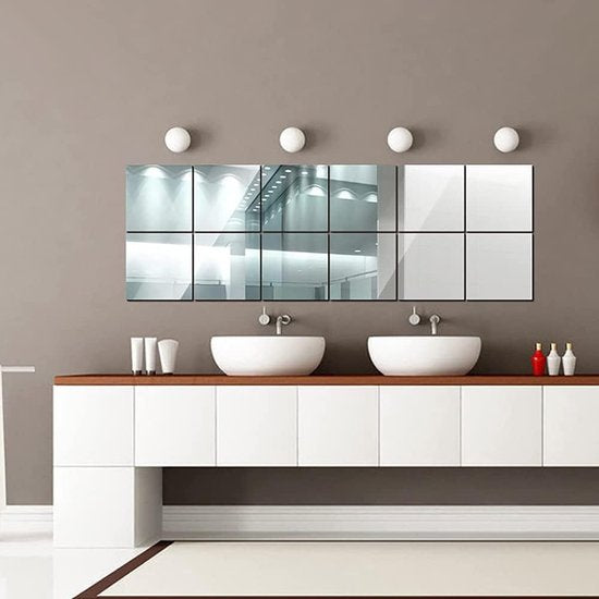 Vierkant acryl spiegelstickervel, 10 stuks acryl spiegel-muurstickers, 15 cm x 15 cm, verwijderbare muurstickers, voor badkamer, woonkamer, slaapkamer, stickers (zilver)