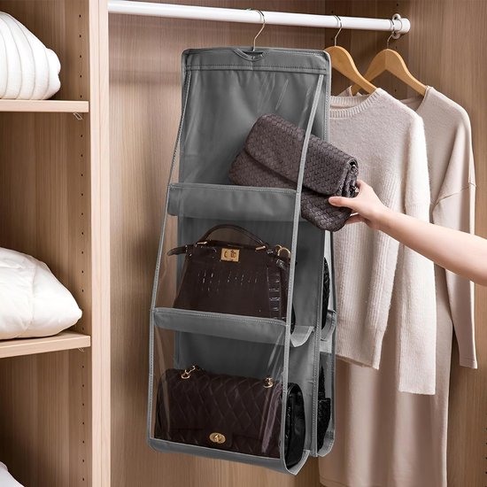 2 stuks handtasopberger, handtasorganizer hangend met 6 compartimenten, opvouwbare kledingkast handtasplank, tassenhouder voor tassen woonkamer, slaapkamer, huis, grijs/wit