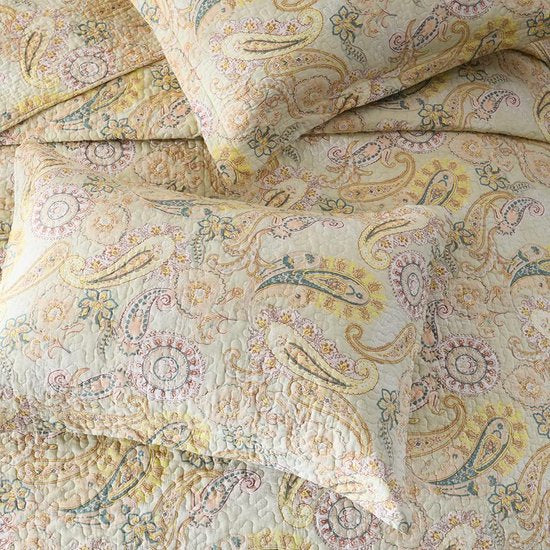 sprei van katoen 220x240cm, sprei 230x250 voor tweepersoonsbed met geel paisley bloemenpatroon, all-season deken, banksprei, gewatteerde deken met 2 kussenslopen