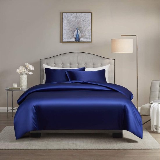 Satijnen beddengoedset, 135 x 200 cm, blauw, effen, 2-delig, luxe, aangenaam dekbedovertrek met ritssluiting en kussensloop 80 x 80 cm