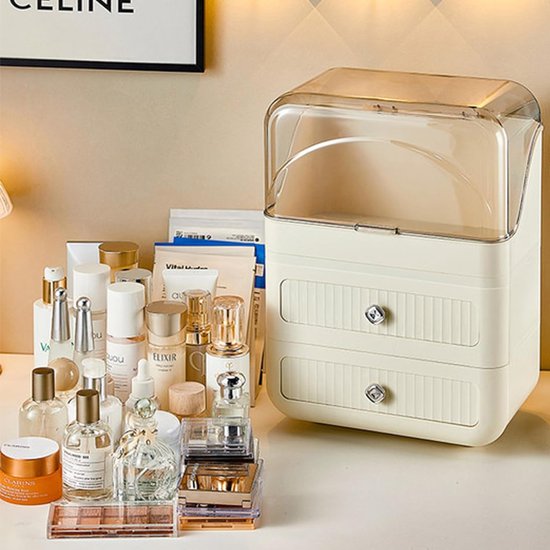 Make-up organizer met deksel en 2 laden, stofdicht, grote capaciteit, beauty-organizer voor kaptafel, badkamer, slaapkamer