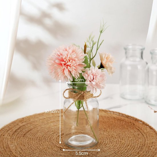 Kleine glazen vaasjes, set van 12 kleine vaasjes voor tafeldecoratie, bruiloft, decoratieve vaasjes set met 8 meter jute koord, mini-glazen vaasjes voor tafeldecoratie, vaatwasmachinebestendig, 10,5 cm.