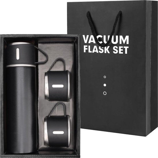 Zwarte thermosfles van roestvrij staal met deksel en 2 bekers - 500 ml dubbelwandige thermoskan met beker - lekvrije thermosfles voor warme en koude dranken