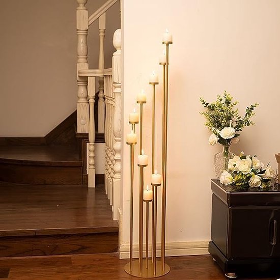 Golden Candle Holder, Pillar Candle, Gold Metal, 9 Arming, Candle Holder Pillar Candle Holder for Wedding, Dining Table, Centrepiece, Decoration, Living Room, Christmas Decoration, 117.5 cm