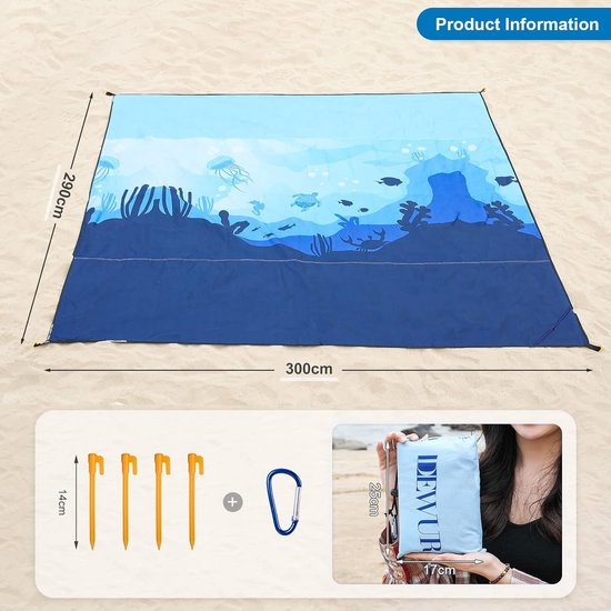 Stranddeken, zandvrij XXL-strandlaken, waterdichte strandmat, picknickdeken, groot voor vakantie, strand, camping, reizen (300 x 290 cm, Sea World)