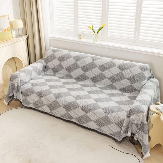 Diamantpatroon Bankkleed Deken Omkeerbaar XXL Grote bankkleed Bankhoes Decoratieve bankhoes Bankdekens voor het bedekken van sprei met kwastjes - Lichtgrijs, 180x340cm