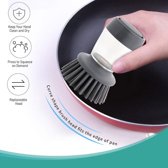 Set van 2 veegborstels voor potten, pannen, fornuizen, borden en kookgerei Reiniging met dispensertank 2 vervanging (2 soorten kop)