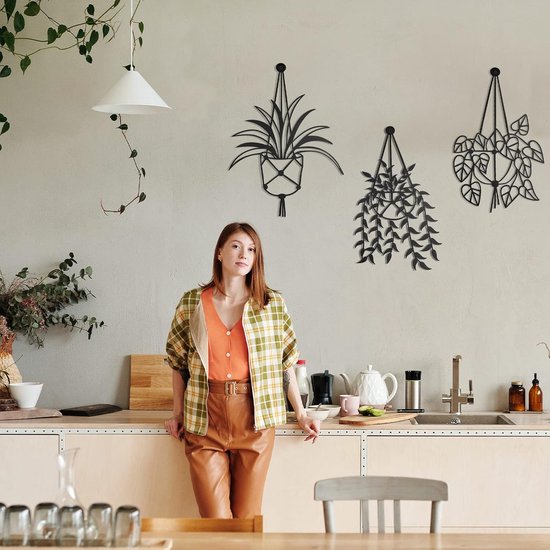 Set van 3 metalen vaas bloemen muur kunst decor, bloem in vaas plantenpot muur kunst sculptuur hangende wanddecoratie, metalen vaas bloemen bord voor slaapkamer badkamer keuken buiten binnen (zwart)